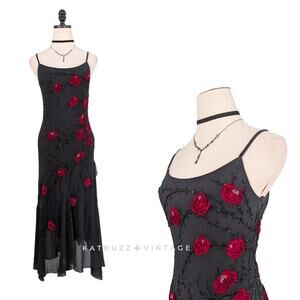 Vintage Sue Wong Maxi Dress Gown 6 Black Red Y2K Fairy Goth Silk Floral Velvet